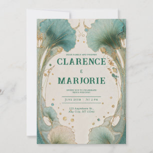 Convite Casamento Folha de Ginkgo em Teal e Dourado Art No