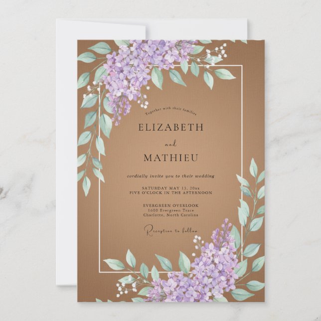 Convite Casamento Folha de Lavanda Bege (Frente)