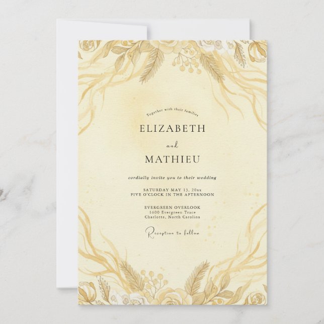 Convite Casamento Folha de Ouro Champagne (Frente)