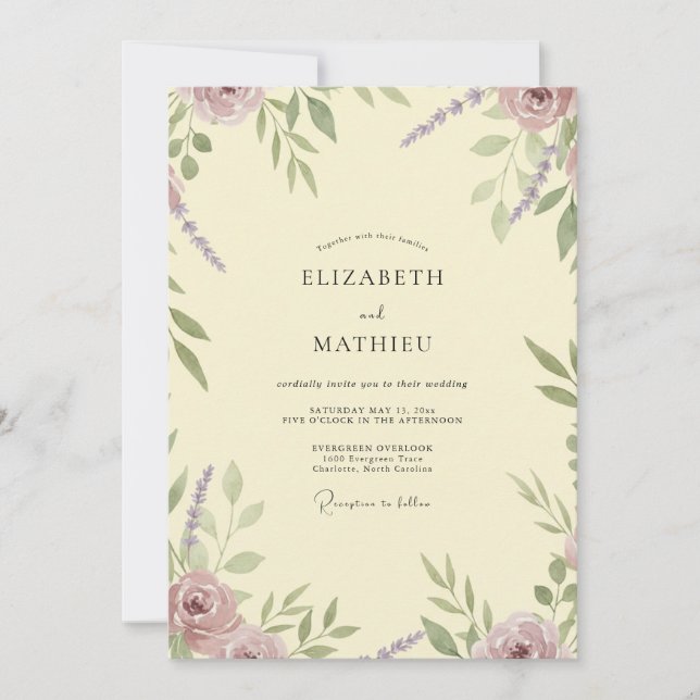 Convite Casamento Folha Mauve Manteiga (Frente)
