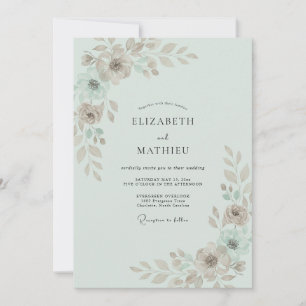 Convite Casamento Folha Pintada em Verde-Menta e Taupe