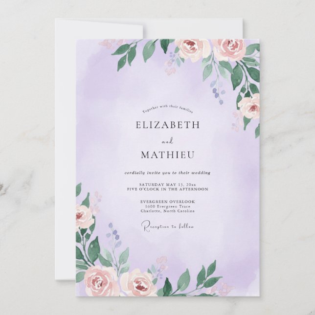 Convite Casamento Folha Pintada Lavanda Suave (Frente)
