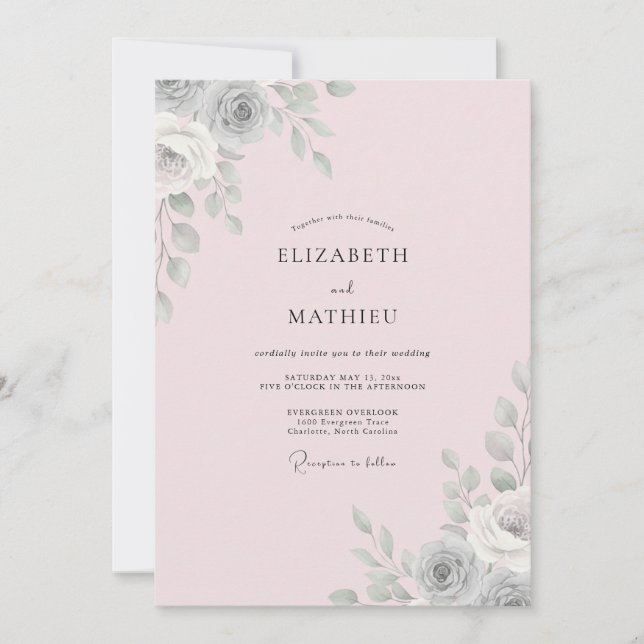 Convite Casamento Folha Prata Blush (Frente)