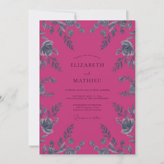 Convite Casamento Folha Prata Magenta (Frente)