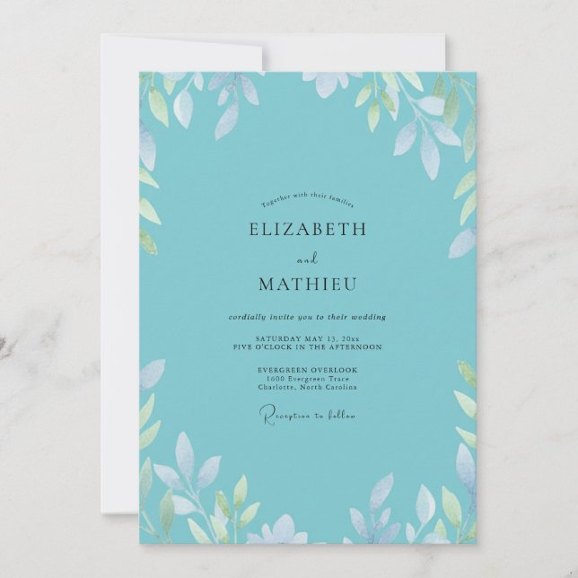 Convite Casamento Folha Prateada Aqua (Frente)