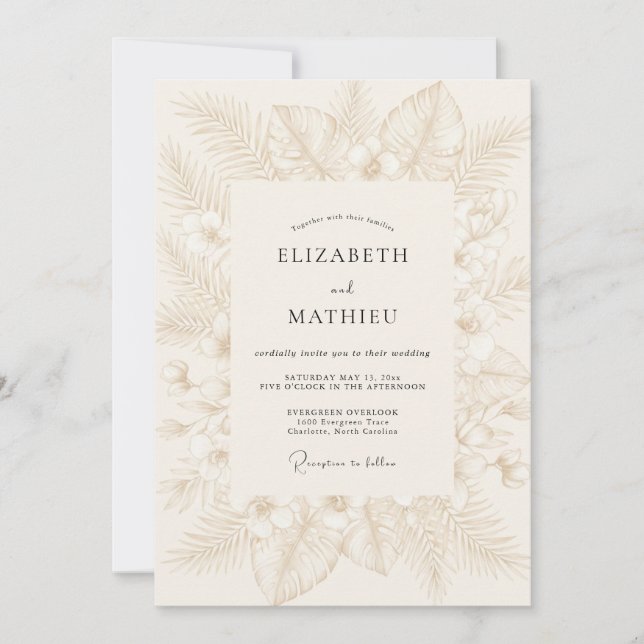 Convite Casamento Folha Tropical Champanhe (Frente)