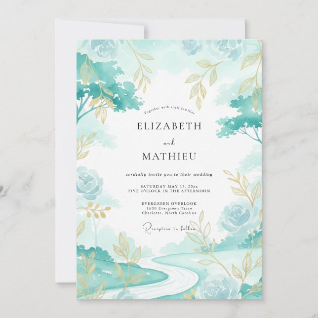 Convite Casamento Folhado Aqua Gold (Frente)