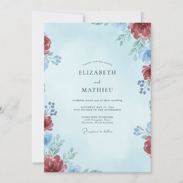Convite Casamento Folhado Azul Carmesim (Frente)