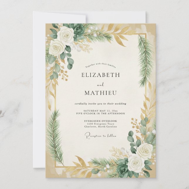 Convite Casamento Folhado de Oliva Sage Dourado (Frente)