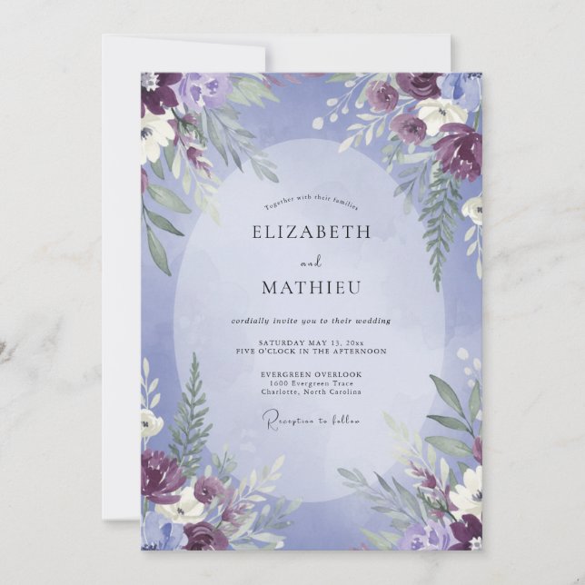 Convite Casamento Folhado de Plumagem Violeta (Frente)