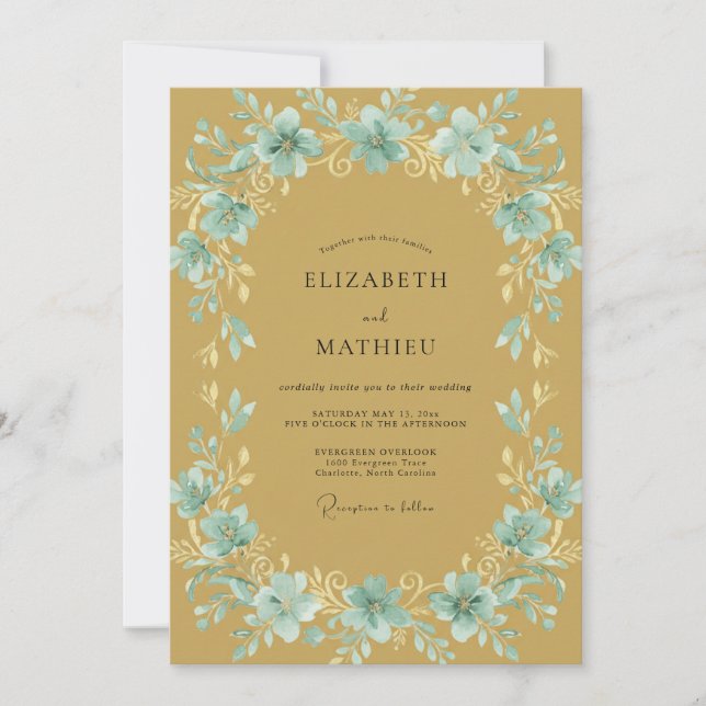 Convite Casamento Folhado Dourado Aqua (Frente)