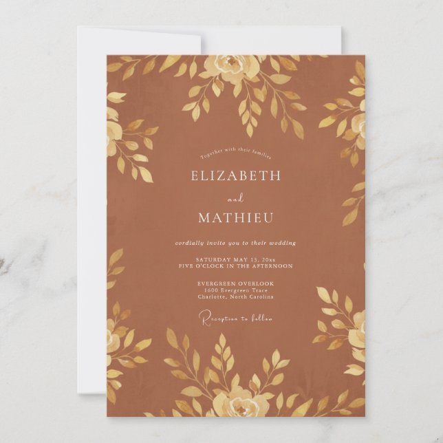 Convite Casamento Folhado Dourado Ferrugem (Frente)