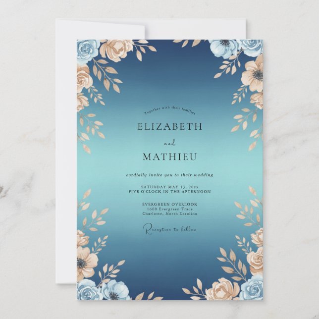 Convite Casamento Folhado Dourado Índigo (Frente)