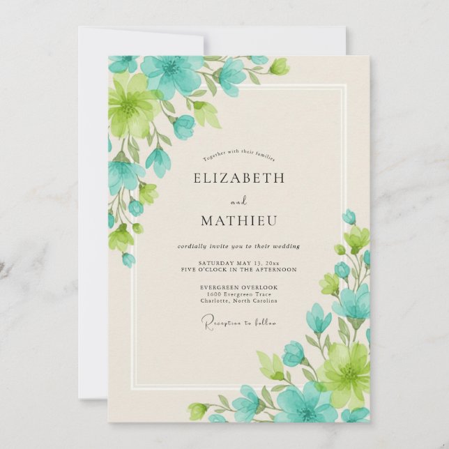 Convite Casamento Folhagem Aqua Chartreuse (Frente)
