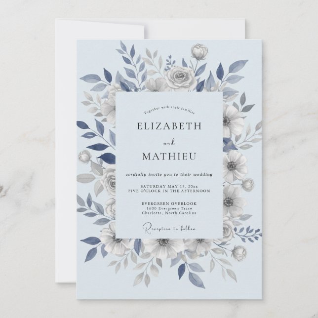 Convite Casamento Folhagem Azul Aço (Frente)