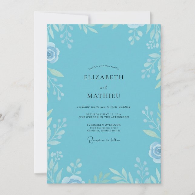 Convite Casamento Folhagem Azul Céu (Frente)