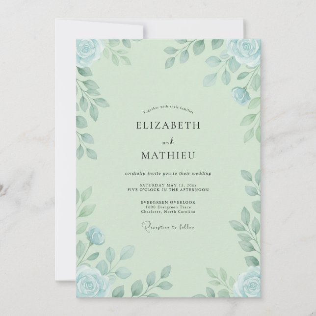 Convite Casamento Folhagem Azul Céu Hortelã (Frente)