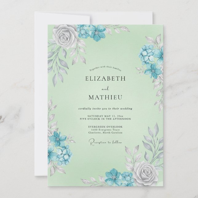 Convite Casamento Folhagem Azul Claro Menta (Frente)