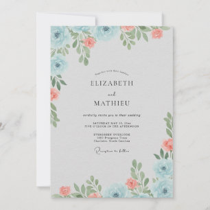Convite Casamento Folhagem Azul Coral