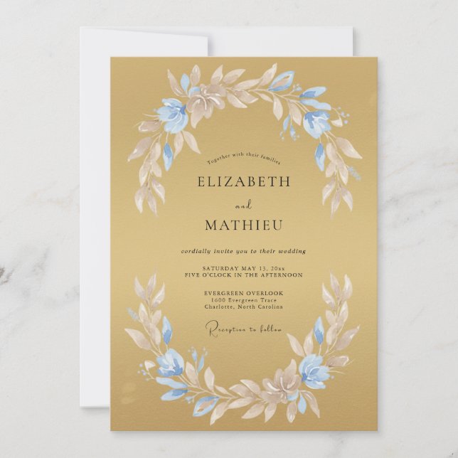 Convite Casamento Folhagem Azul Dourado (Frente)