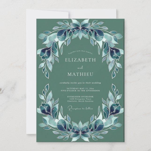 Convite Casamento Folhagem Azul-Verde (Frente)