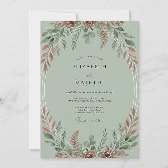 Convite Casamento Folhagem Celadão Ferrugem (Frente)