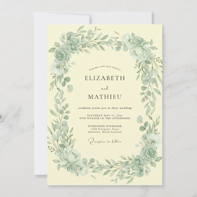 Convite Casamento Folhagem Celadon Manteiga (Frente)