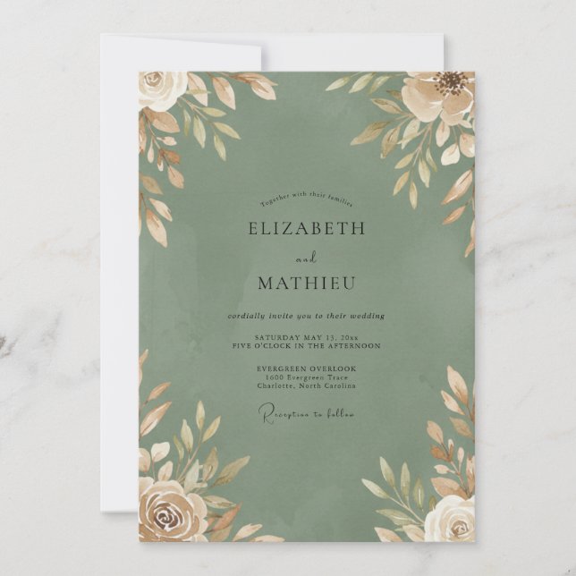 Convite Casamento Folhagem Champanhe Musgo (Frente)
