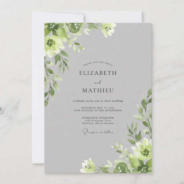 Convite Casamento Folhagem Chartreuse Prata (Frente)