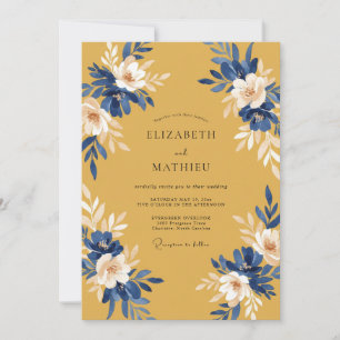 Convite Casamento Folhagem Cobalt Mostarda
