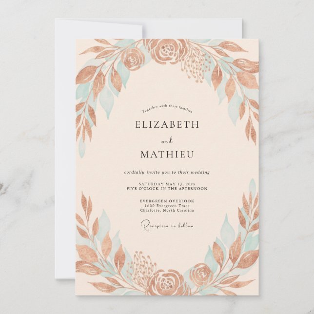 Convite Casamento Folhagem Cobre Aqua (Frente)