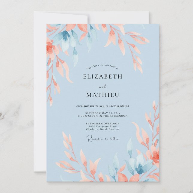 Convite Casamento Folhagem Coral Celeste (Frente)