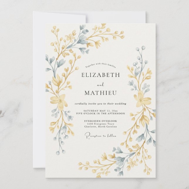 Convite Casamento Folhagem de Ardósia Dourada (Frente)
