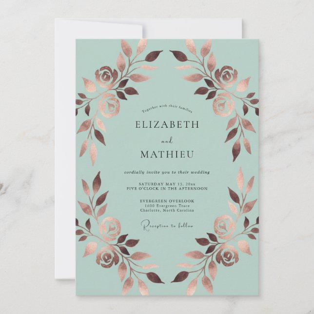 Convite Casamento Folhagem de Cobre Menta (Frente)