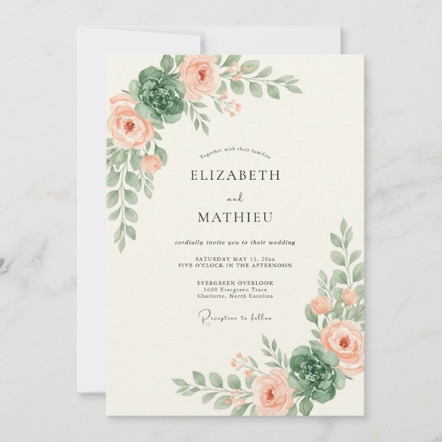 Convite Casamento Folhagem de Pêssego Creme (Frente)