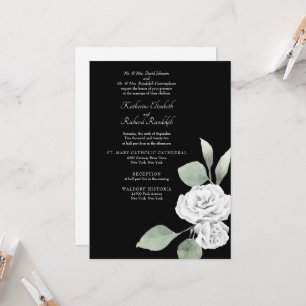 Convite Casamento Folhagem de Rosa Branca Elegante Preta