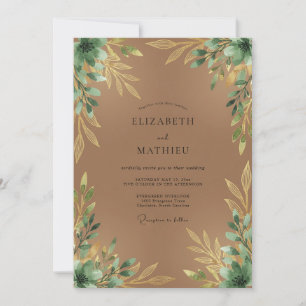 Convite Casamento Folhagem Dourada Bege
