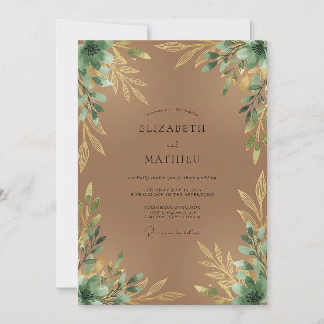 Convite Casamento Folhagem Dourada Bege (Frente)