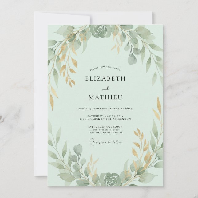 Convite Casamento Folhagem Dourada em Hortelã (Frente)