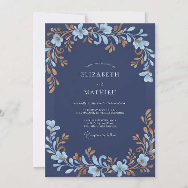 Convite Casamento Folhagem Dourada Índigo (Frente)