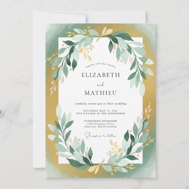 Convite Casamento Folhagem Dourado Turquesa (Frente)