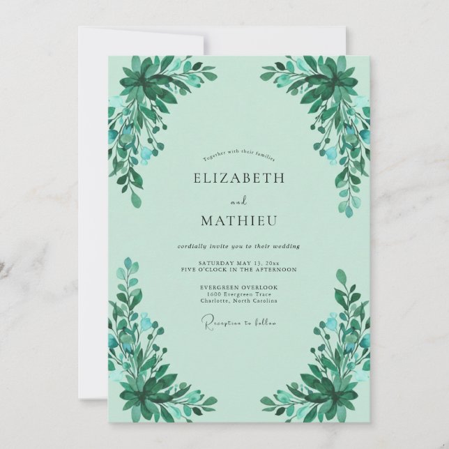 Convite Casamento Folhagem Esmeralda Menta (Frente)