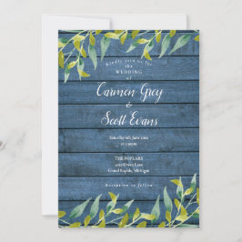 Convite Casamento Folhagem Eucalipto Madeira Rústica Azul