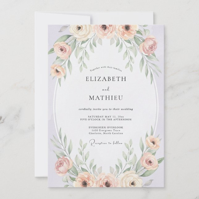 Convite Casamento Folhagem Flor de Blush (Frente)
