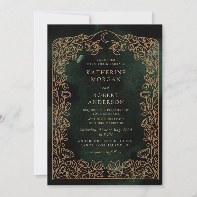Convite Casamento Folhagem Lua Esmeralda Dourada Celestial (Frente)