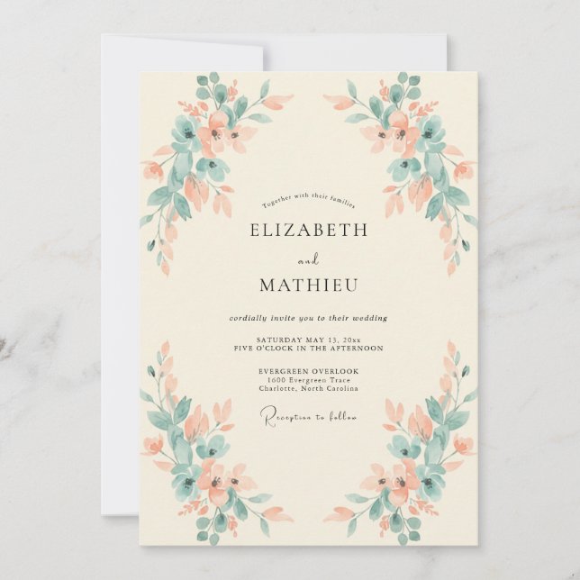 Convite Casamento Folhagem Maresia Damasco (Frente)