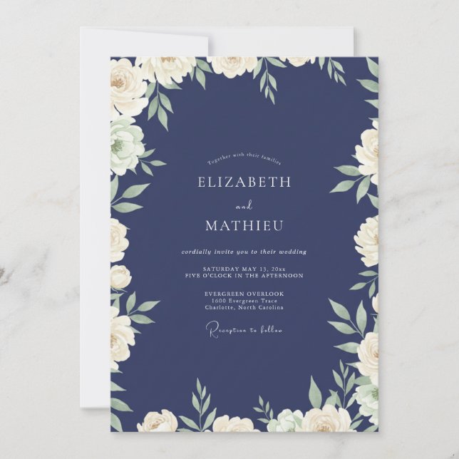 Convite Casamento Folhagem Marfim Marinho (Frente)