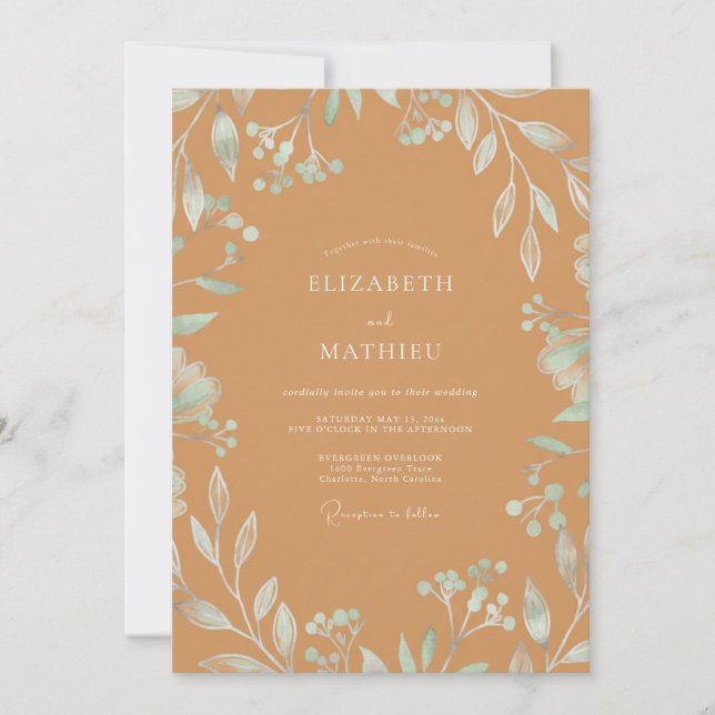 Convite Casamento Folhagem Menta Caramelo (Frente)
