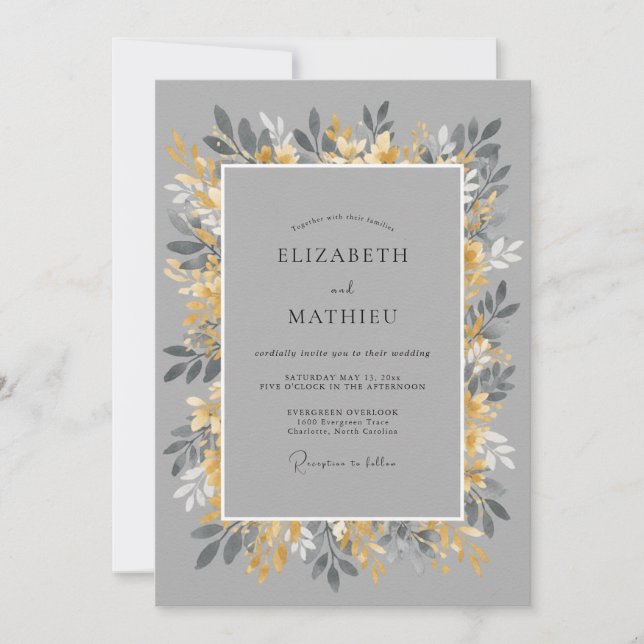 Convite Casamento Folhagem Mostarda Cinza (Frente)