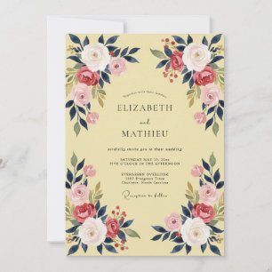Convite Casamento Folhagem Naval Carmesim Amarelo Manteiga